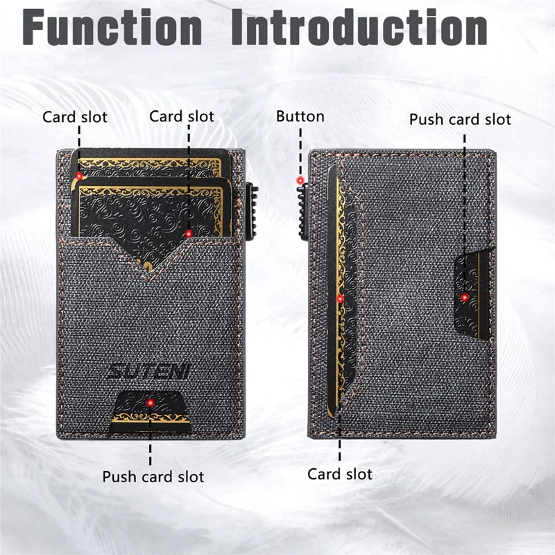 SUTENI Portacarte Reversibile Tessuto Jeans Texture PU Pelle + Metallo Automatico Pop-Up Porta Carte - Nero