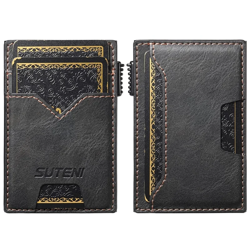 Porta-cartões Dupla Face SUTENI de Couro PU com Textura Enrugada + Estojo de Cartão Metálico Automático Pop-Up - Preto