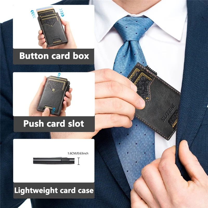 Porta-cartões Dupla Face SUTENI de Couro PU com Textura Enrugada + Estojo de Cartão Metálico Automático Pop-Up - Preto