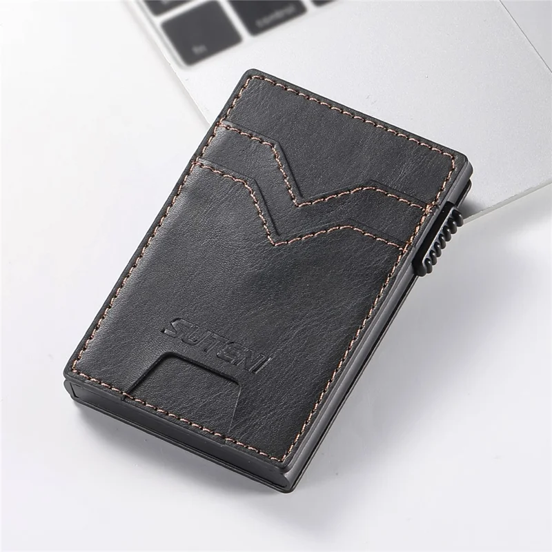 Porta-cartões Dupla Face SUTENI de Couro PU com Textura Enrugada + Estojo de Cartão Metálico Automático Pop-Up - Preto