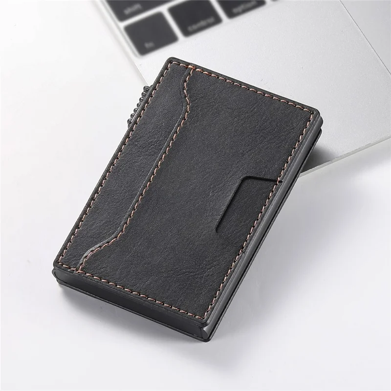 Porta-cartões Dupla Face SUTENI de Couro PU com Textura Enrugada + Estojo de Cartão Metálico Automático Pop-Up - Preto