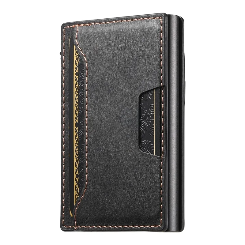 Porta-cartões Dupla Face SUTENI de Couro PU com Textura Enrugada + Estojo de Cartão Metálico Automático Pop-Up - Preto