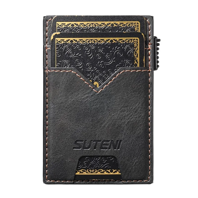 Porta-cartões Dupla Face SUTENI de Couro PU com Textura Enrugada + Estojo de Cartão Metálico Automático Pop-Up - Preto