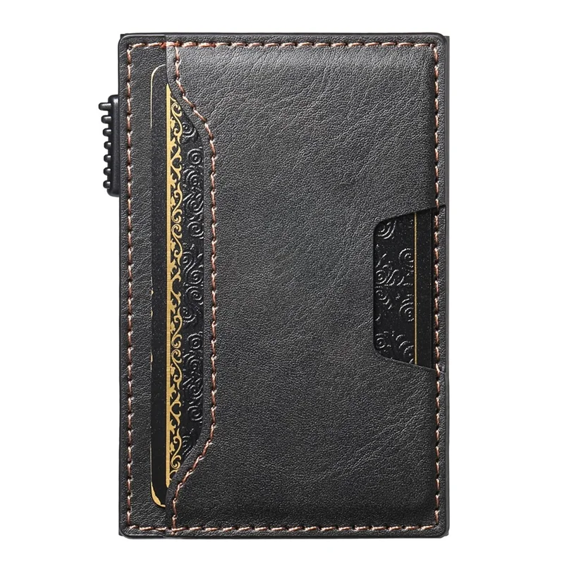 Porta-cartões Dupla Face SUTENI de Couro PU com Textura Enrugada + Estojo de Cartão Metálico Automático Pop-Up - Preto