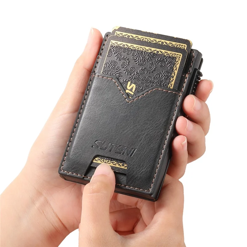 Porta-cartões Dupla Face SUTENI de Couro PU com Textura Enrugada + Estojo de Cartão Metálico Automático Pop-Up - Preto