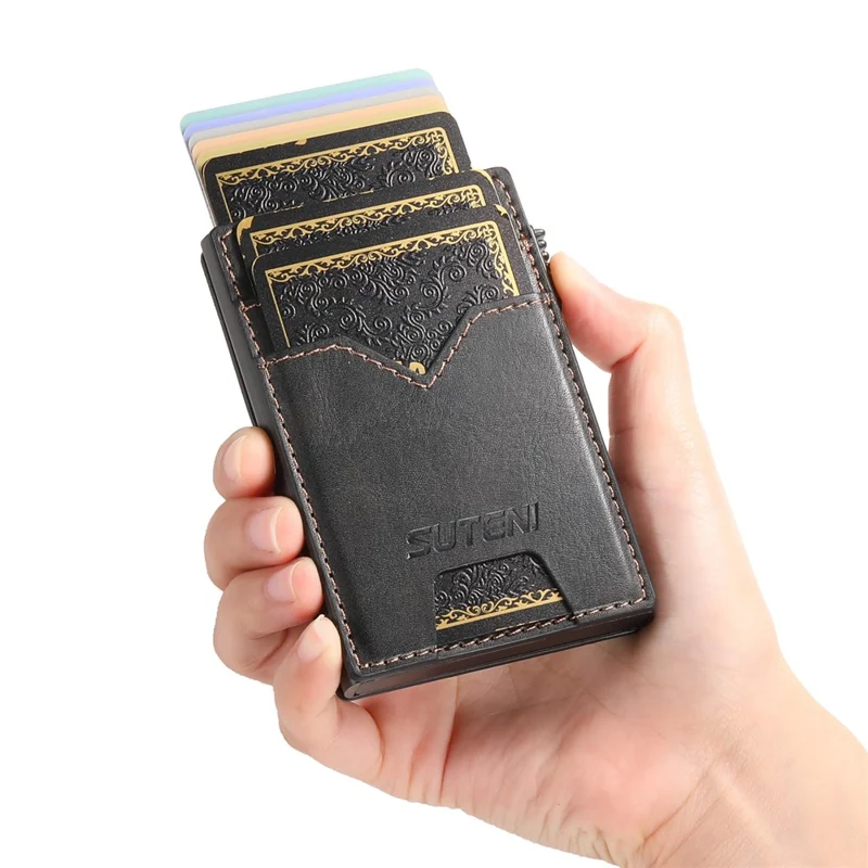 Porta-cartões Dupla Face SUTENI de Couro PU com Textura Enrugada + Estojo de Cartão Metálico Automático Pop-Up - Preto