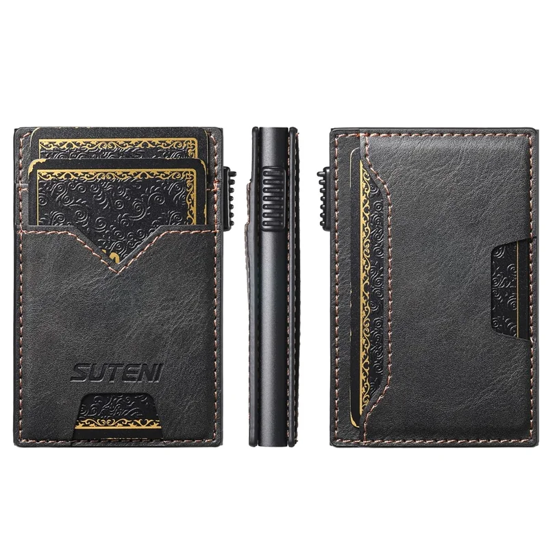 Porta-cartões Dupla Face SUTENI de Couro PU com Textura Enrugada + Estojo de Cartão Metálico Automático Pop-Up - Preto