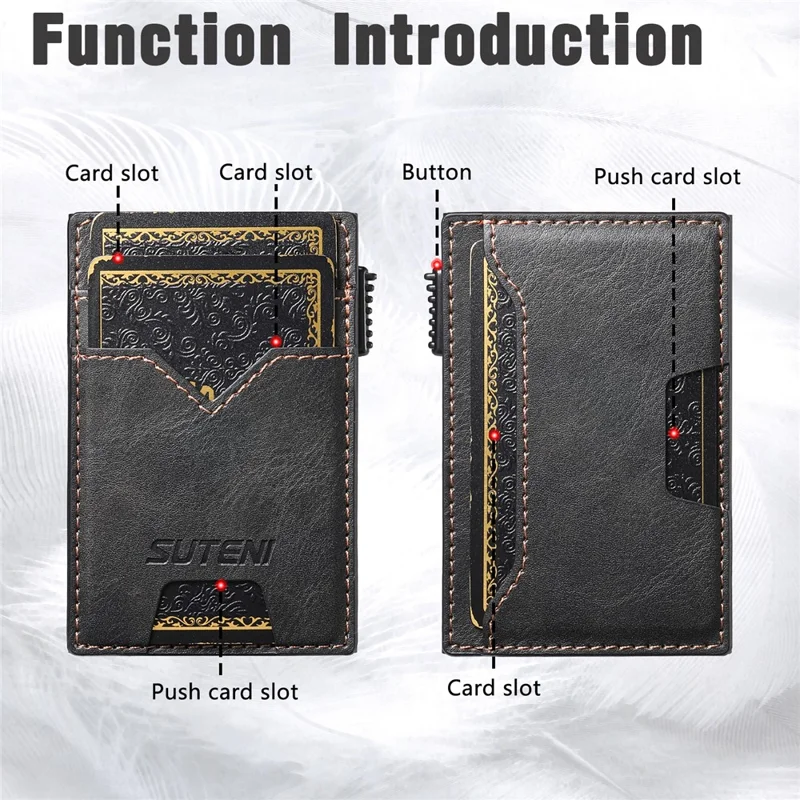 Porta-cartões Dupla Face SUTENI de Couro PU com Textura Enrugada + Estojo de Cartão Metálico Automático Pop-Up - Preto