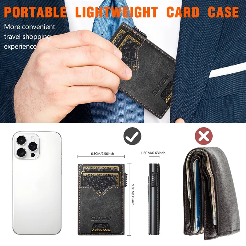 Porta-cartões Dupla Face SUTENI de Couro PU com Textura Enrugada + Estojo de Cartão Metálico Automático Pop-Up - Preto