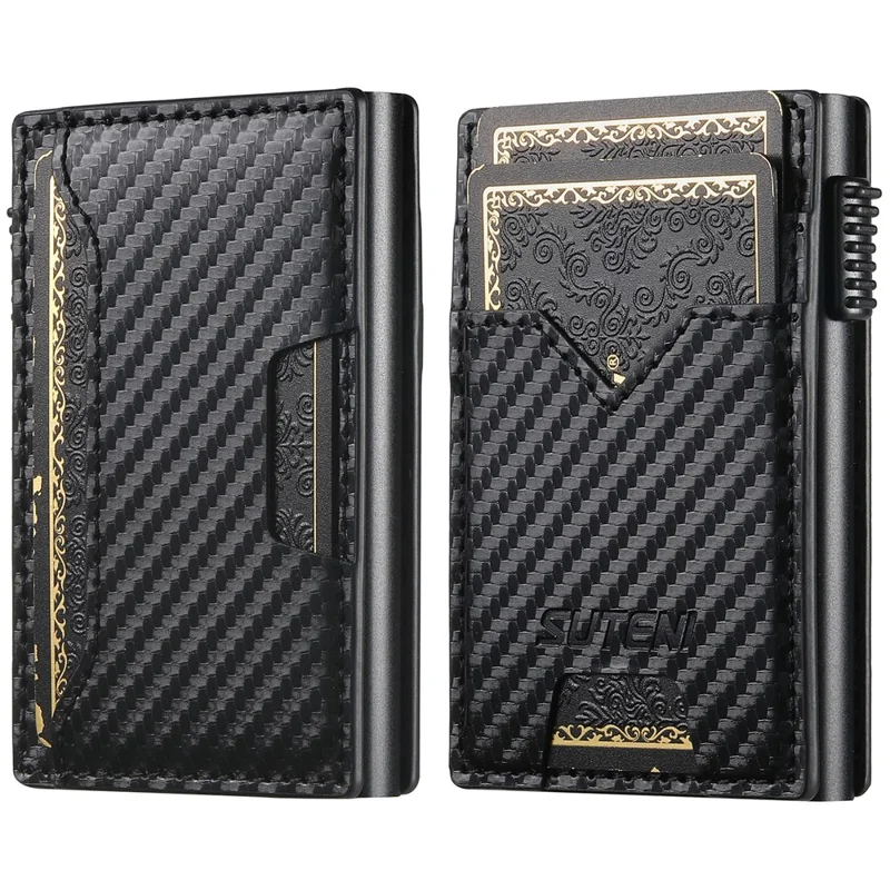 SUTENI Double-Sided Card Holder Carbon Fiber Texture PU Leather + Metal Automatic Pop-Up Card Case