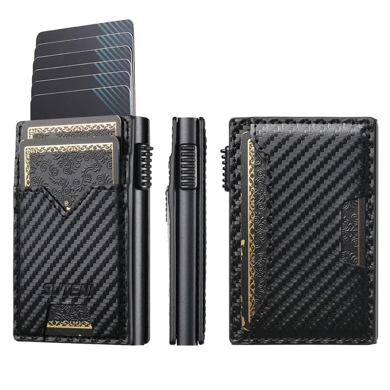 SUTENI Double-Sided Card Holder Carbon Fiber Texture PU Leather + Metal Automatic Pop-Up Card Case