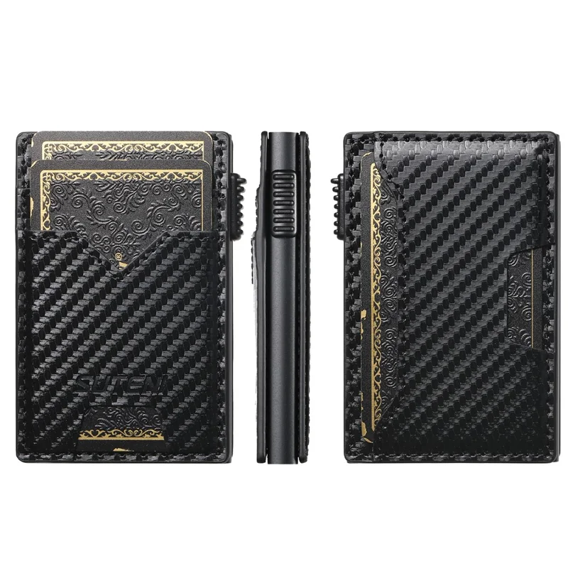 SUTENI Double-Sided Card Holder Carbon Fiber Texture PU Leather + Metal Automatic Pop-Up Card Case