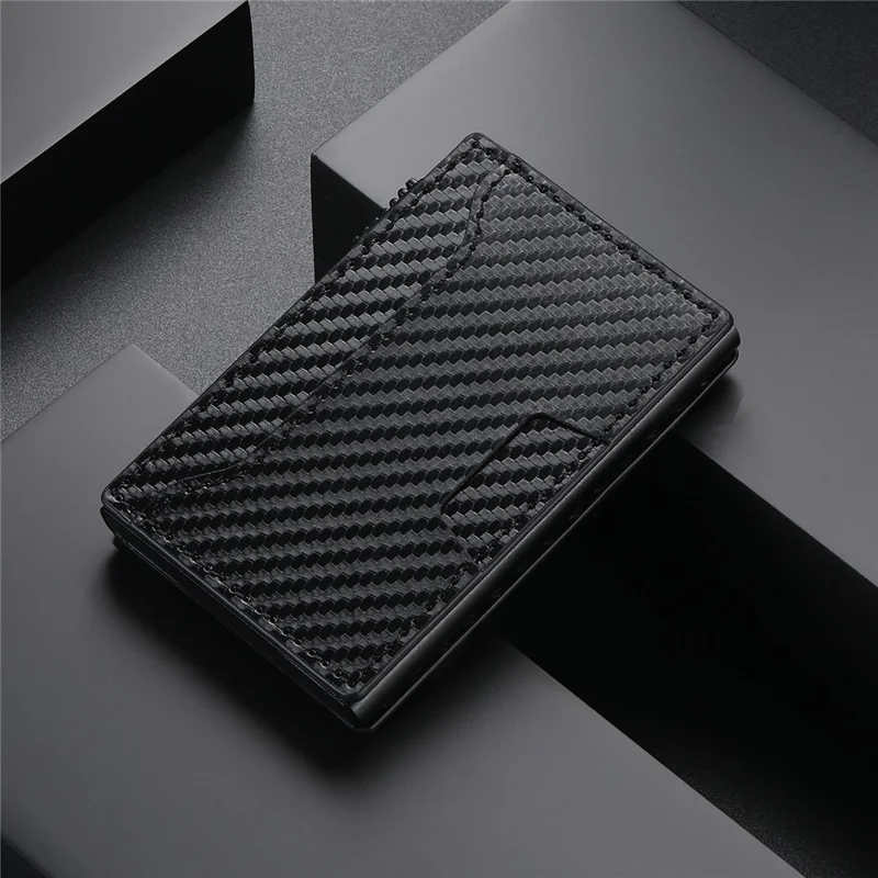 SUTENI Double-Sided Card Holder Carbon Fiber Texture PU Leather + Metal Automatic Pop-Up Card Case