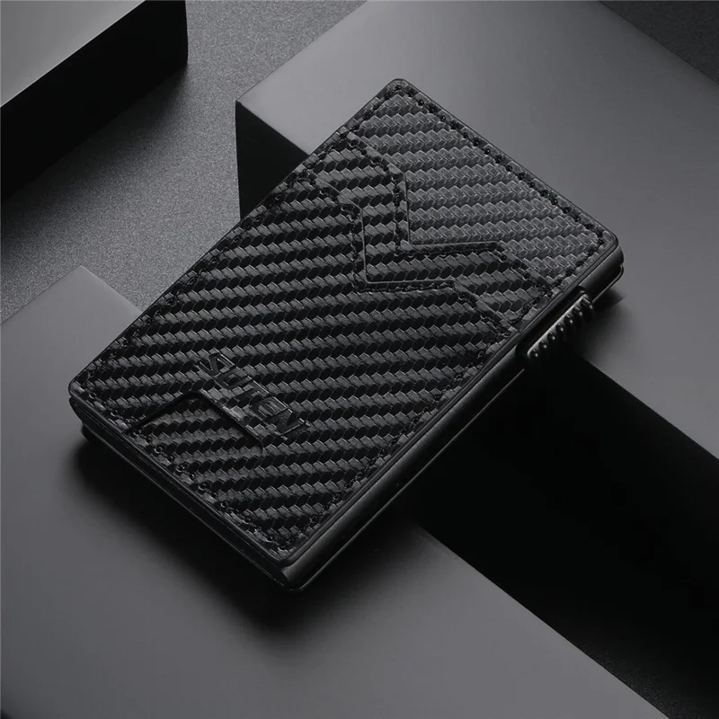 SUTENI Double-Sided Card Holder Carbon Fiber Texture PU Leather + Metal Automatic Pop-Up Card Case