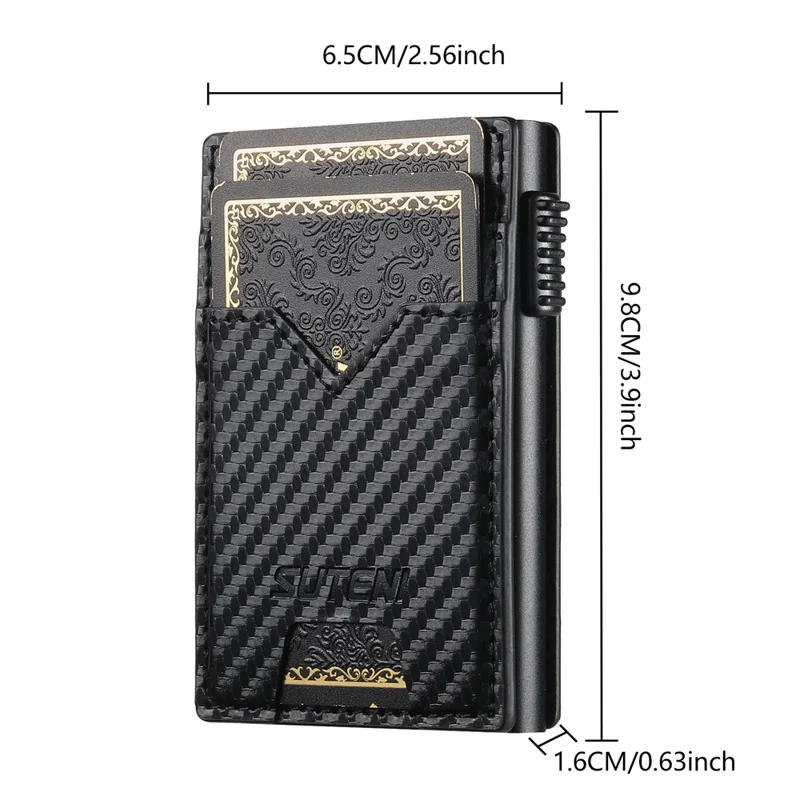 SUTENI Double-Sided Card Holder Carbon Fiber Texture PU Leather + Metal Automatic Pop-Up Card Case