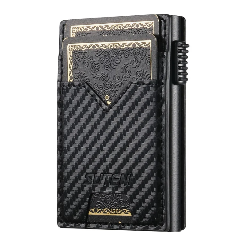 SUTENI Double-Sided Card Holder Carbon Fiber Texture PU Leather + Metal Automatic Pop-Up Card Case