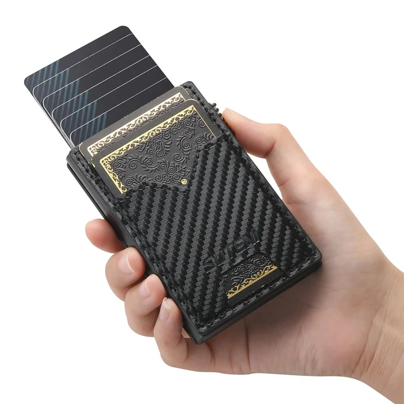 SUTENI Double-Sided Card Holder Carbon Fiber Texture PU Leather + Metal Automatic Pop-Up Card Case