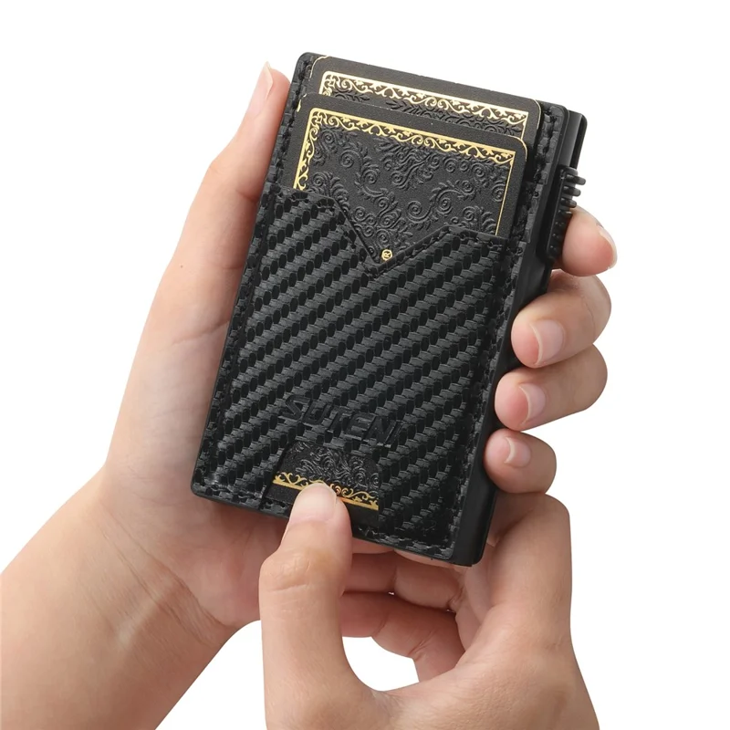 SUTENI Double-Sided Card Holder Carbon Fiber Texture PU Leather + Metal Automatic Pop-Up Card Case