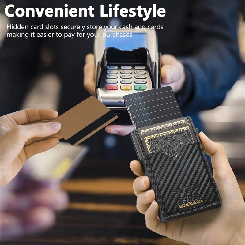 SUTENI Double-Sided Card Holder Carbon Fiber Texture PU Leather + Metal Automatic Pop-Up Card Case