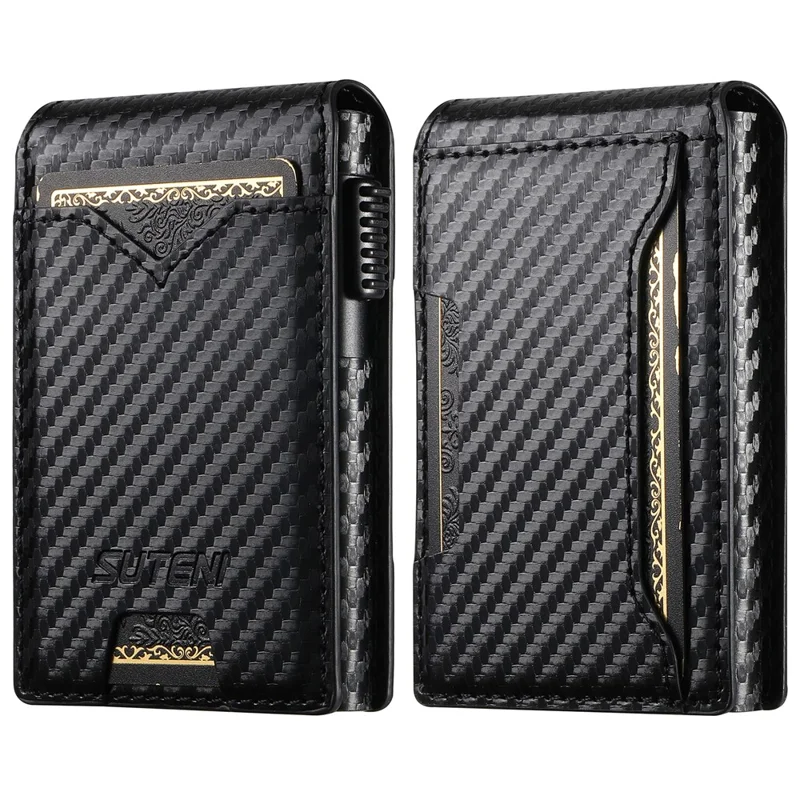 SUTENI Card Holder Imprint Carbon Fiber Texture PU Leather Automatic Pop-Up Metal Card Case