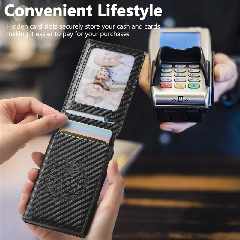 SUTENI Card Holder Imprint Carbon Fiber Texture PU Leather Automatic Pop-Up Metal Card Case