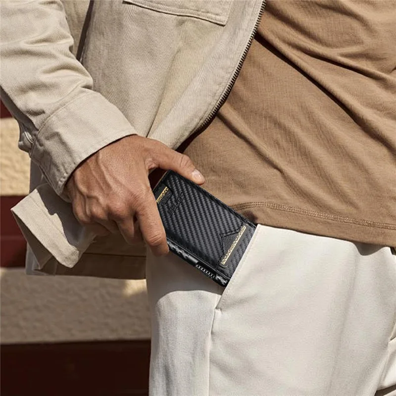SUTENI Card Holder Imprint Carbon Fiber Texture PU Leather Automatic Pop-Up Metal Card Case