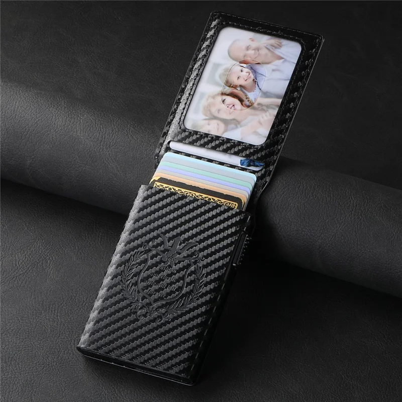 SUTENI Card Holder Imprint Carbon Fiber Texture PU Leather Automatic Pop-Up Metal Card Case