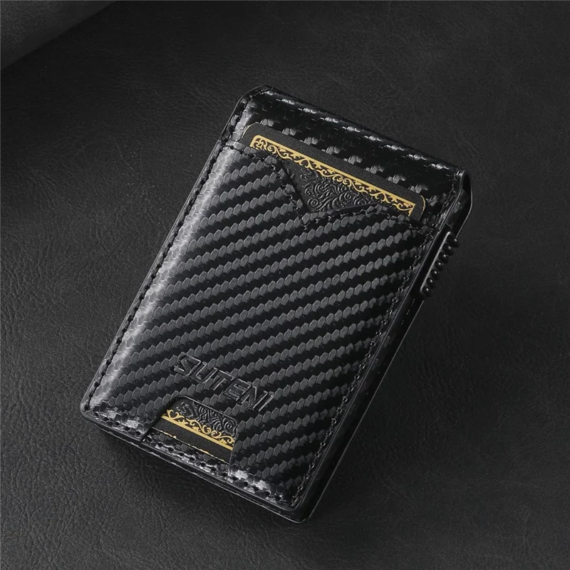 SUTENI Card Holder Imprint Carbon Fiber Texture PU Leather Automatic Pop-Up Metal Card Case