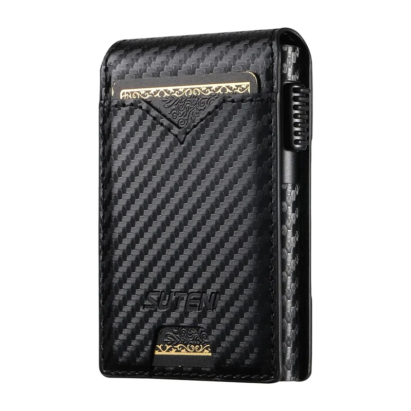 SUTENI Card Holder Imprint Carbon Fiber Texture PU Leather Automatic Pop-Up Metal Card Case