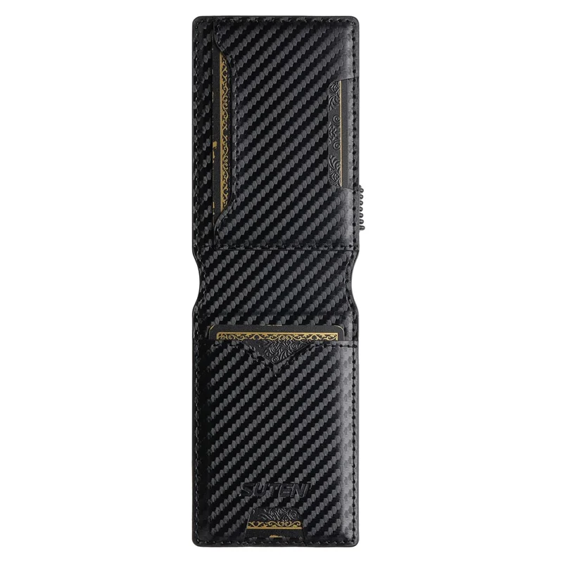 SUTENI Card Holder Imprint Carbon Fiber Texture PU Leather Automatic Pop-Up Metal Card Case