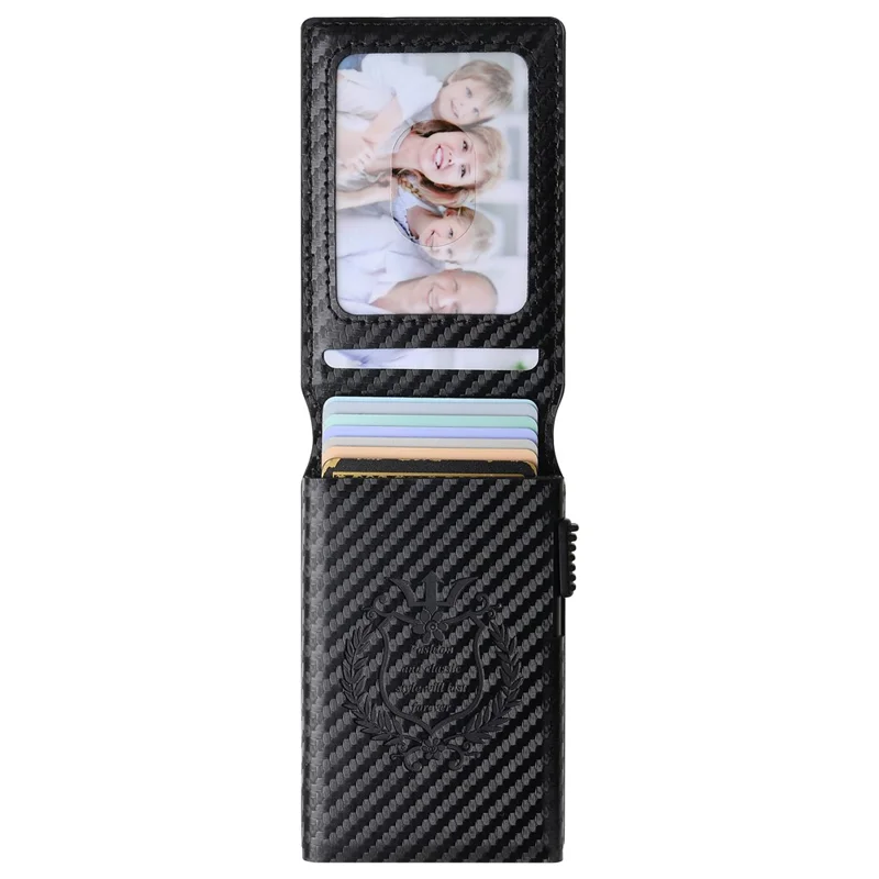 SUTENI Card Holder Imprint Carbon Fiber Texture PU Leather Automatic Pop-Up Metal Card Case