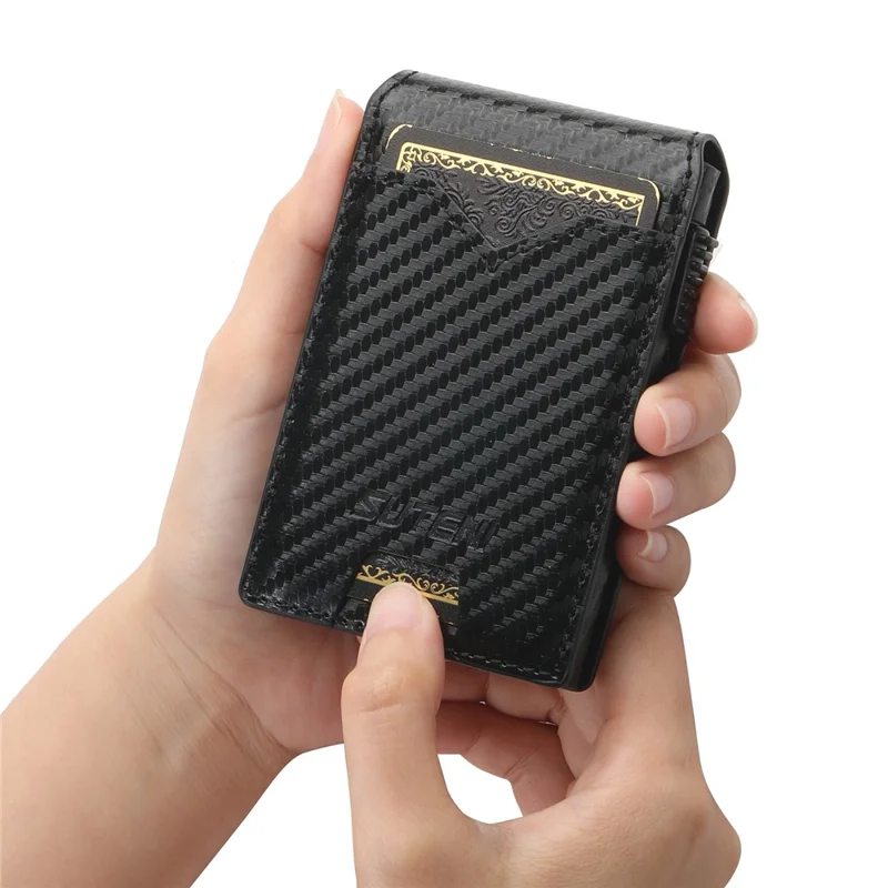 SUTENI Card Holder Imprint Carbon Fiber Texture PU Leather Automatic Pop-Up Metal Card Case