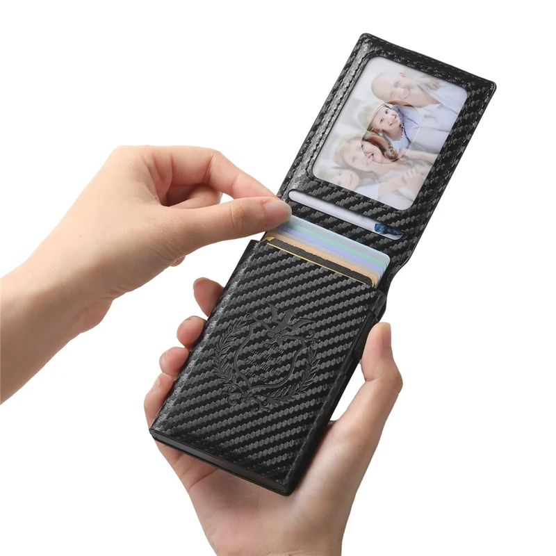 SUTENI Card Holder Imprint Carbon Fiber Texture PU Leather Automatic Pop-Up Metal Card Case