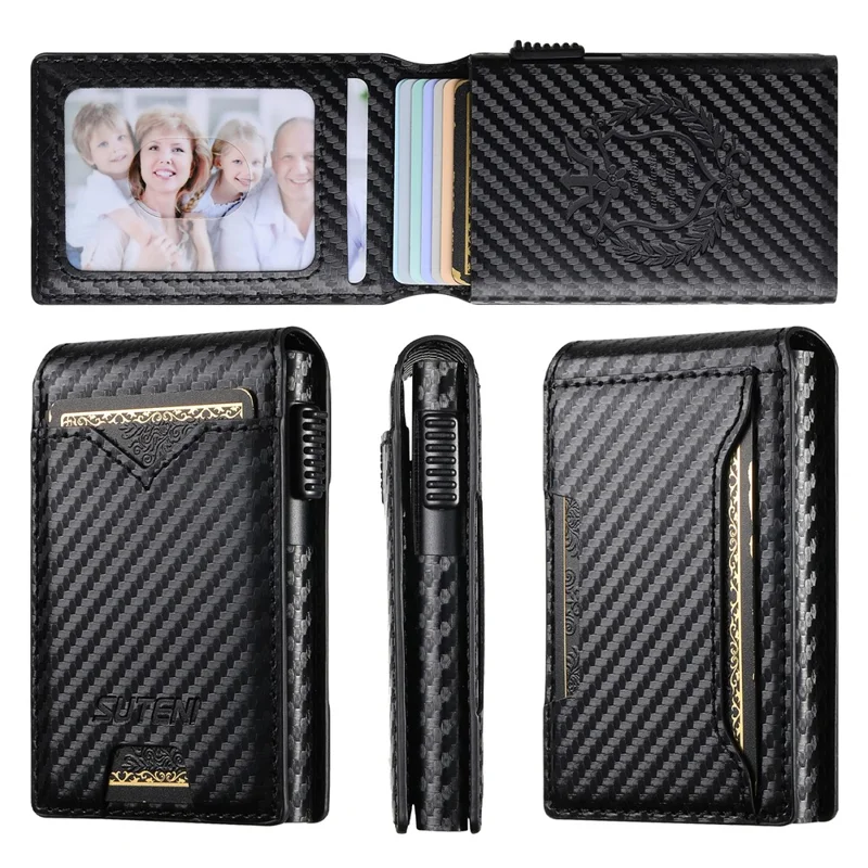 SUTENI Card Holder Imprint Carbon Fiber Texture PU Leather Automatic Pop-Up Metal Card Case