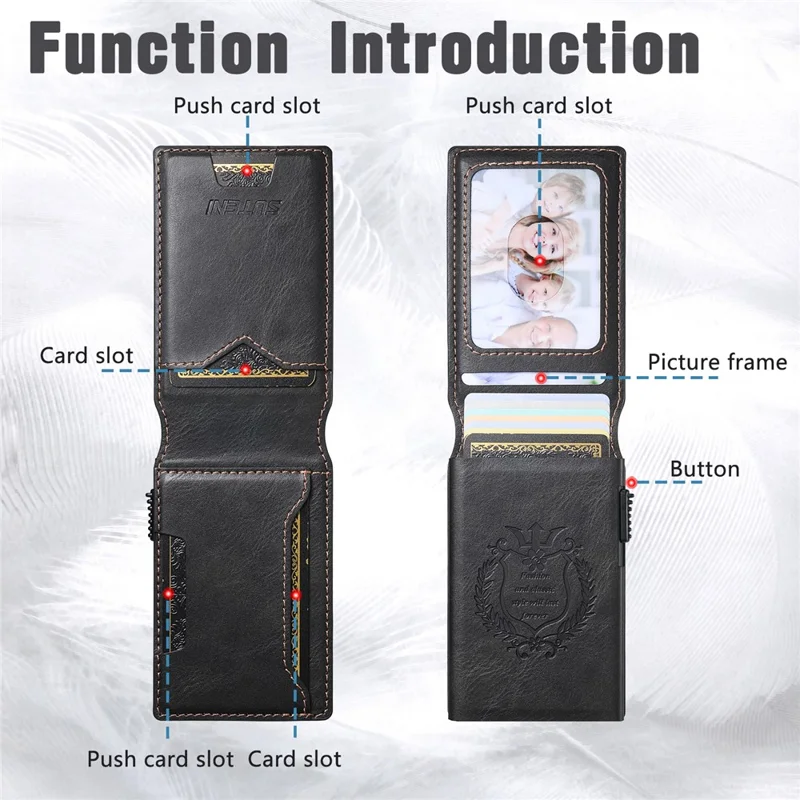 Étui pour Cartes SUTENI en Cuir PU Texturé Cireux avec Boîtier Métallique à Ouverture Automatique - Noir
