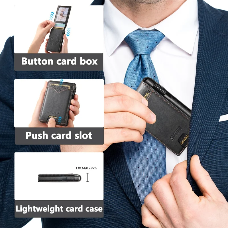 Étui pour Cartes SUTENI en Cuir PU Texturé Cireux avec Boîtier Métallique à Ouverture Automatique - Noir