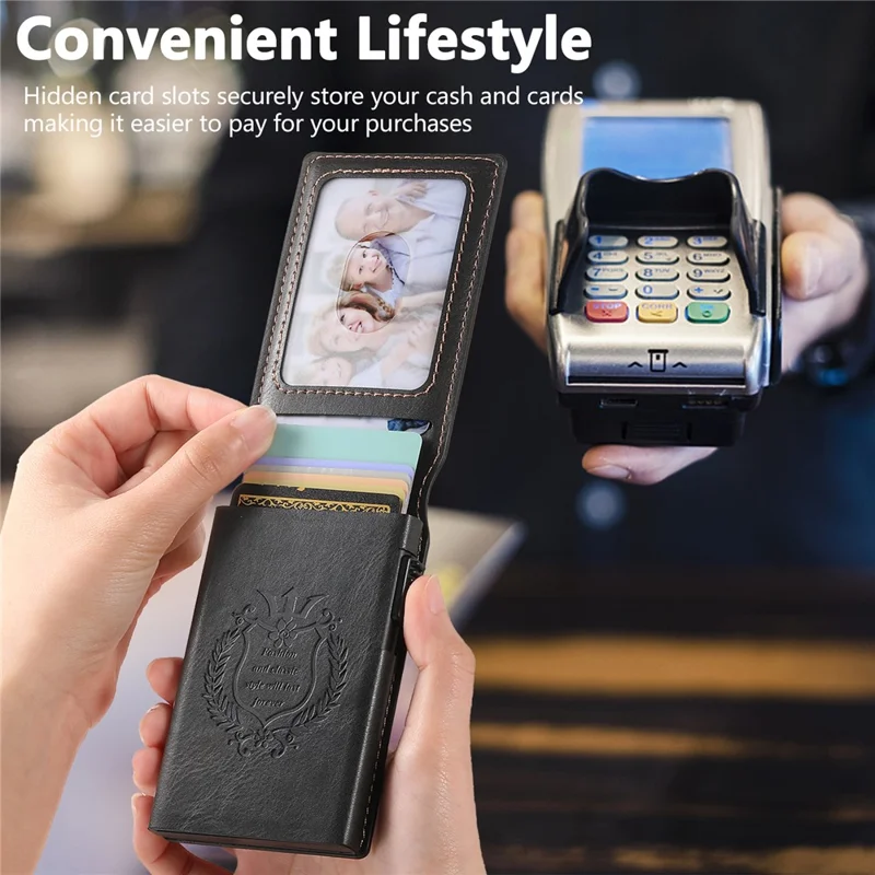 Étui pour Cartes SUTENI en Cuir PU Texturé Cireux avec Boîtier Métallique à Ouverture Automatique - Noir