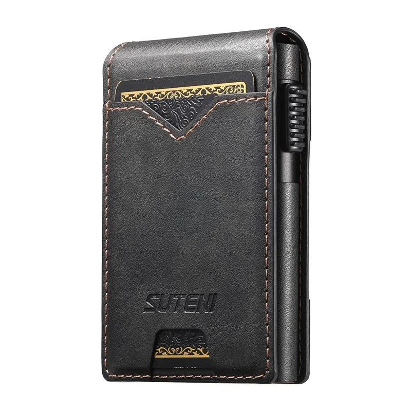 Étui pour Cartes SUTENI en Cuir PU Texturé Cireux avec Boîtier Métallique à Ouverture Automatique - Noir
