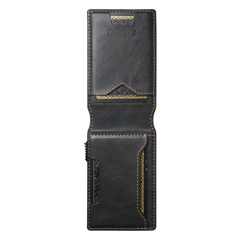 Étui pour Cartes SUTENI en Cuir PU Texturé Cireux avec Boîtier Métallique à Ouverture Automatique - Noir