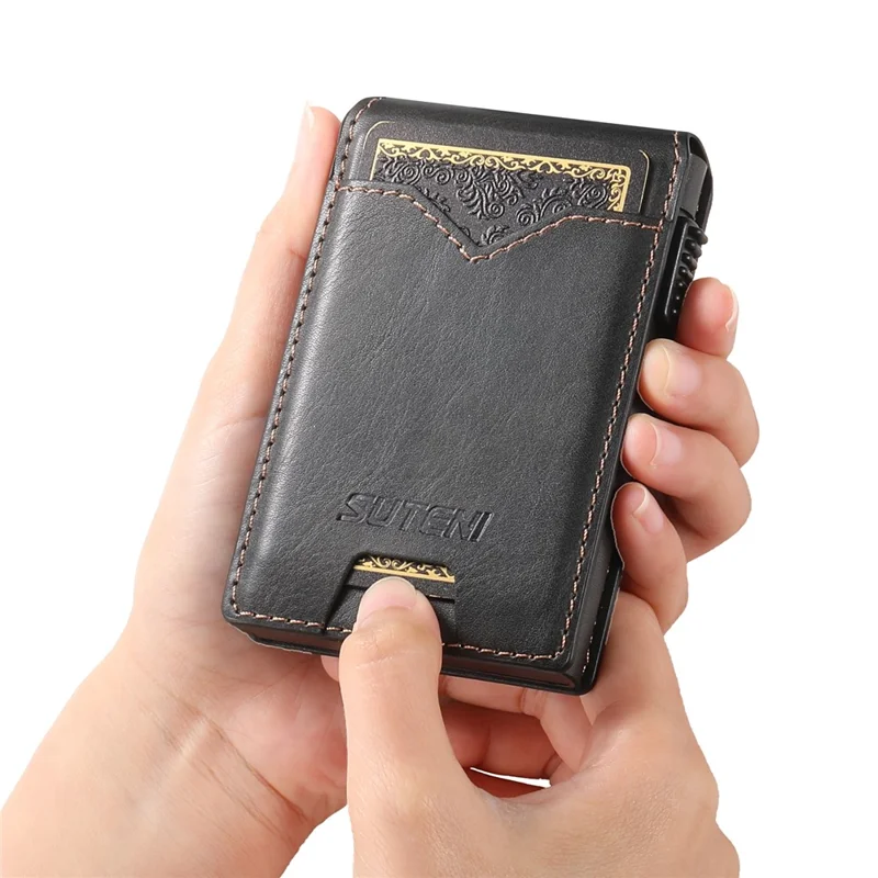 Étui pour Cartes SUTENI en Cuir PU Texturé Cireux avec Boîtier Métallique à Ouverture Automatique - Noir