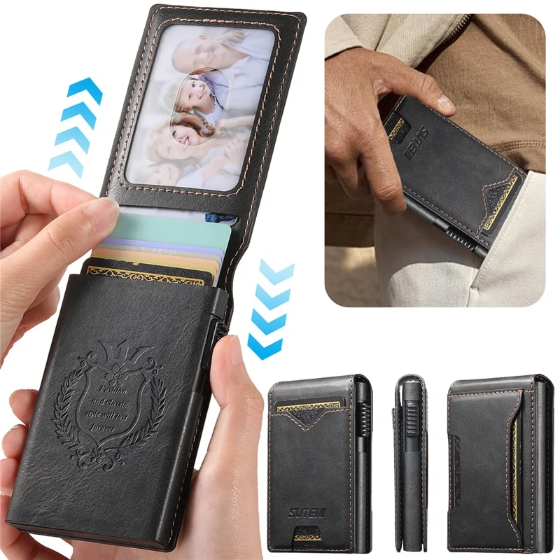 Étui pour Cartes SUTENI en Cuir PU Texturé Cireux avec Boîtier Métallique à Ouverture Automatique - Noir