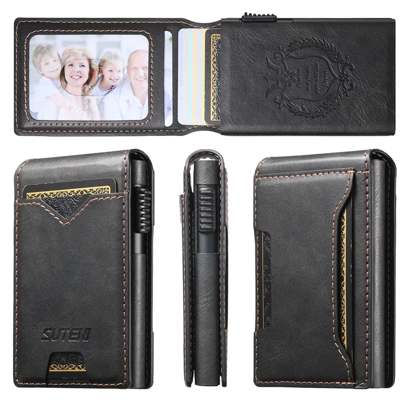 Étui pour Cartes SUTENI en Cuir PU Texturé Cireux avec Boîtier Métallique à Ouverture Automatique - Noir