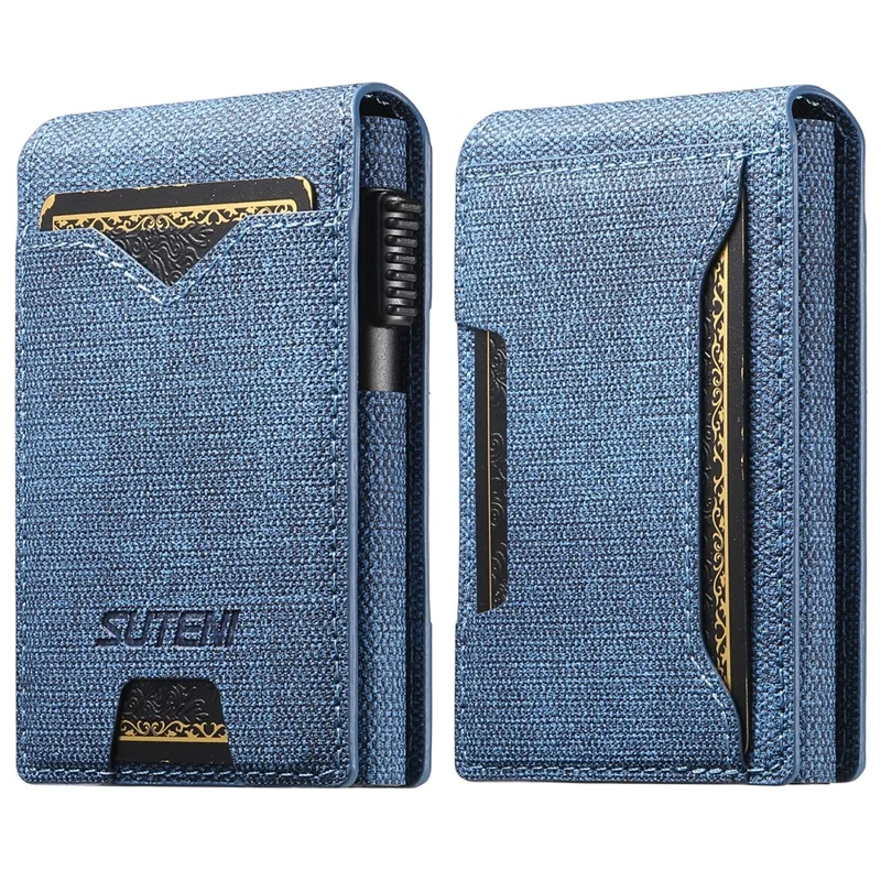 Étui pour Cartes SUTENI avec Texture de Jean Imprimée en Cuir PU, Boîtier à Cartes Métallique Automatique à Ouverture Escamotable - Bleu