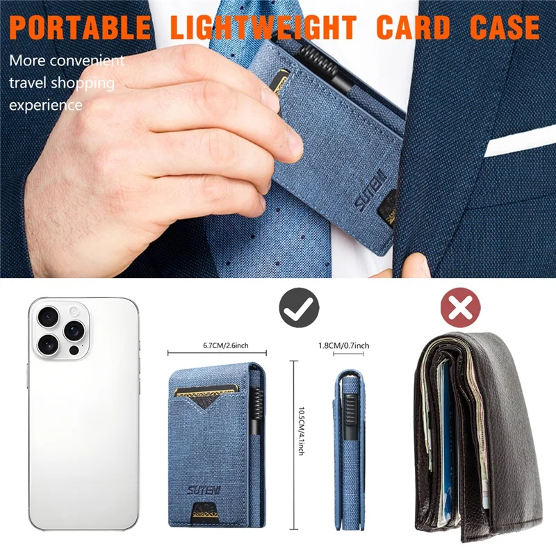 Étui pour Cartes SUTENI avec Texture de Jean Imprimée en Cuir PU, Boîtier à Cartes Métallique Automatique à Ouverture Escamotable - Bleu