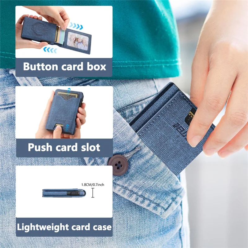 Étui pour Cartes SUTENI avec Texture de Jean Imprimée en Cuir PU, Boîtier à Cartes Métallique Automatique à Ouverture Escamotable - Bleu