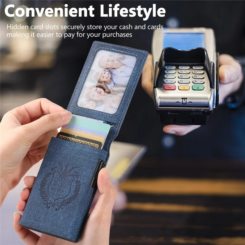 Étui pour Cartes SUTENI avec Texture de Jean Imprimée en Cuir PU, Boîtier à Cartes Métallique Automatique à Ouverture Escamotable - Bleu