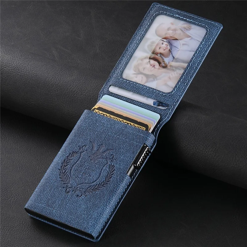 Étui pour Cartes SUTENI avec Texture de Jean Imprimée en Cuir PU, Boîtier à Cartes Métallique Automatique à Ouverture Escamotable - Bleu