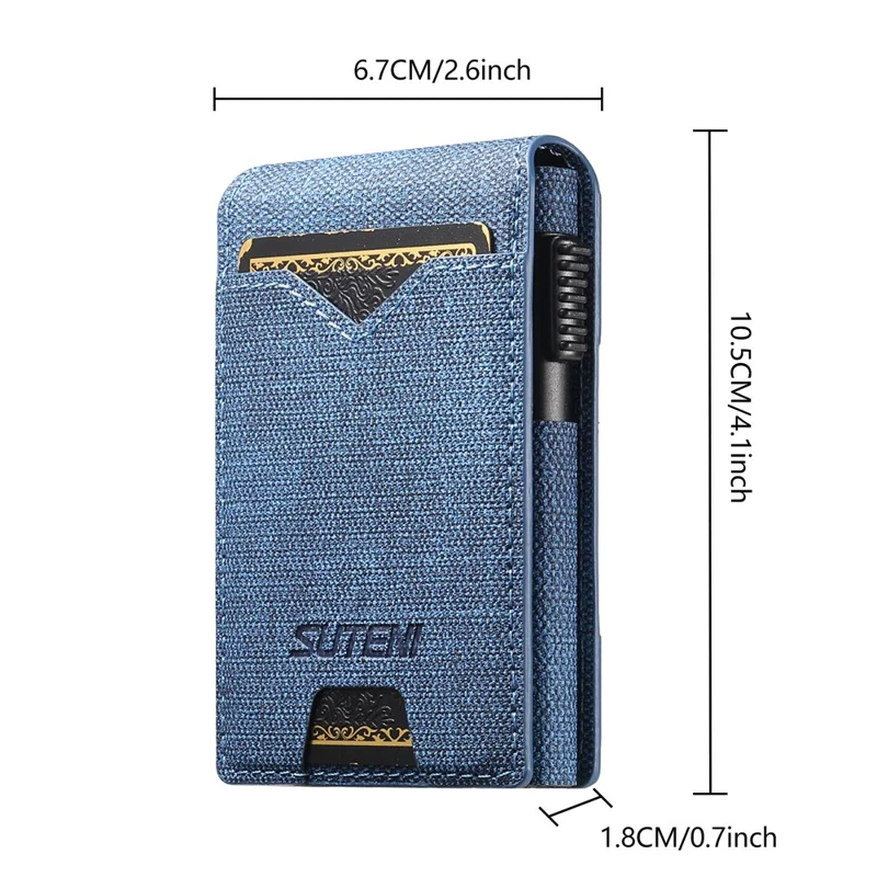 Étui pour Cartes SUTENI avec Texture de Jean Imprimée en Cuir PU, Boîtier à Cartes Métallique Automatique à Ouverture Escamotable - Bleu
