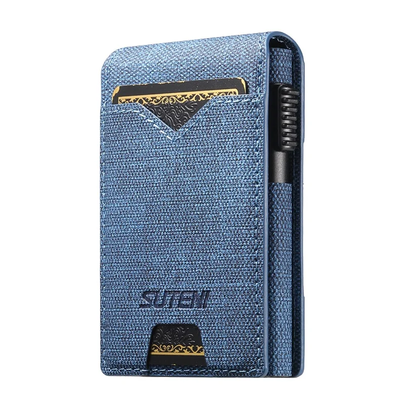 Étui pour Cartes SUTENI avec Texture de Jean Imprimée en Cuir PU, Boîtier à Cartes Métallique Automatique à Ouverture Escamotable - Bleu