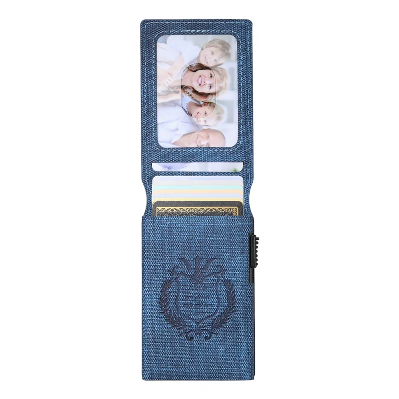 Étui pour Cartes SUTENI avec Texture de Jean Imprimée en Cuir PU, Boîtier à Cartes Métallique Automatique à Ouverture Escamotable - Bleu